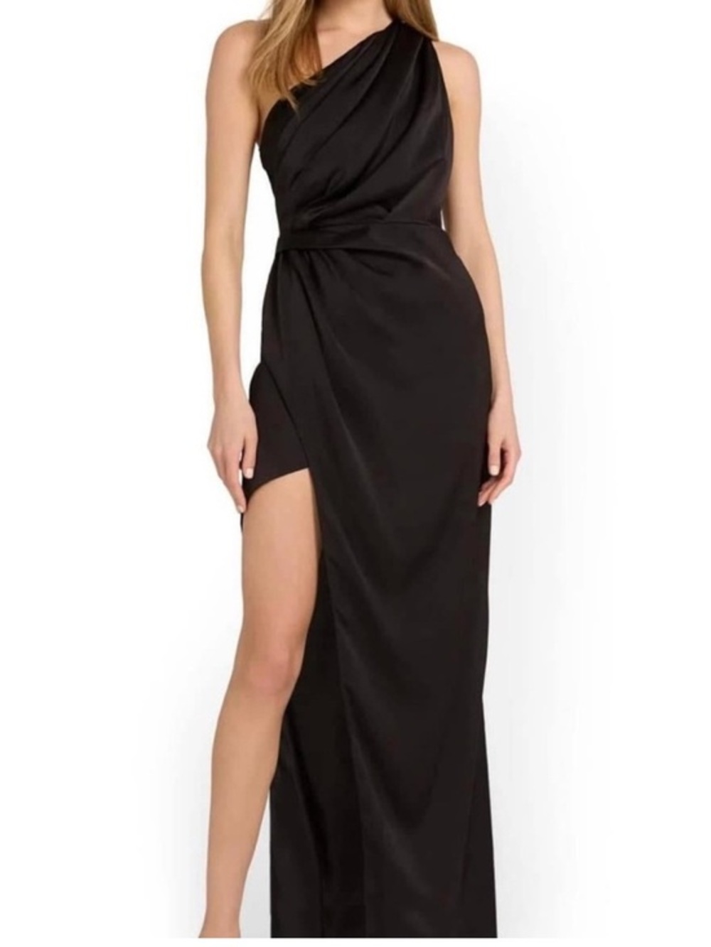 DO+BE One Shoulder Black Cocktail Midi Dress Ruched Slit Wedding Guest NWT M